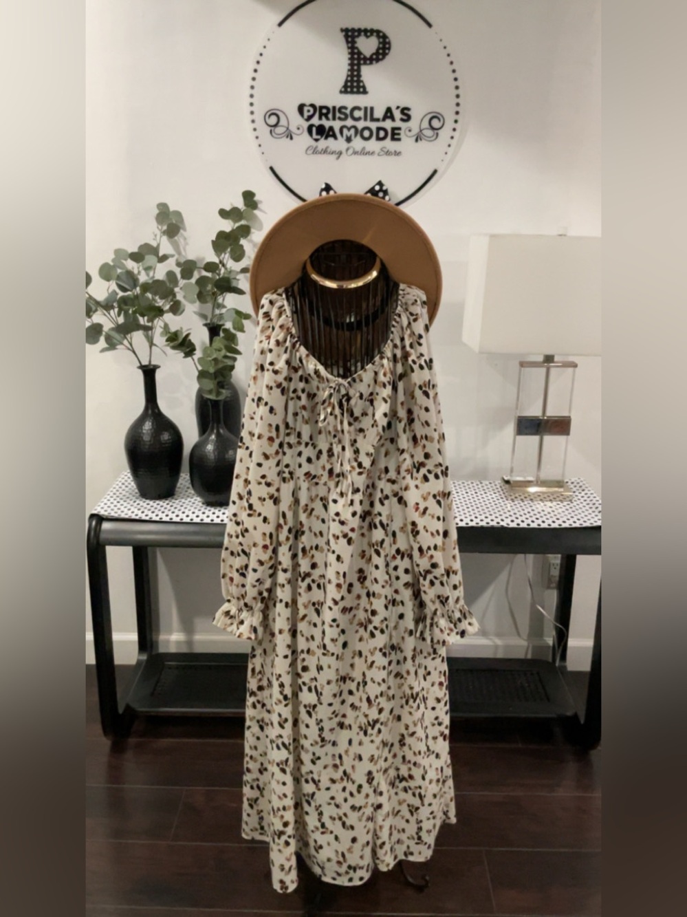 Women's Cream Long Sleeve Printed Maxi Dress